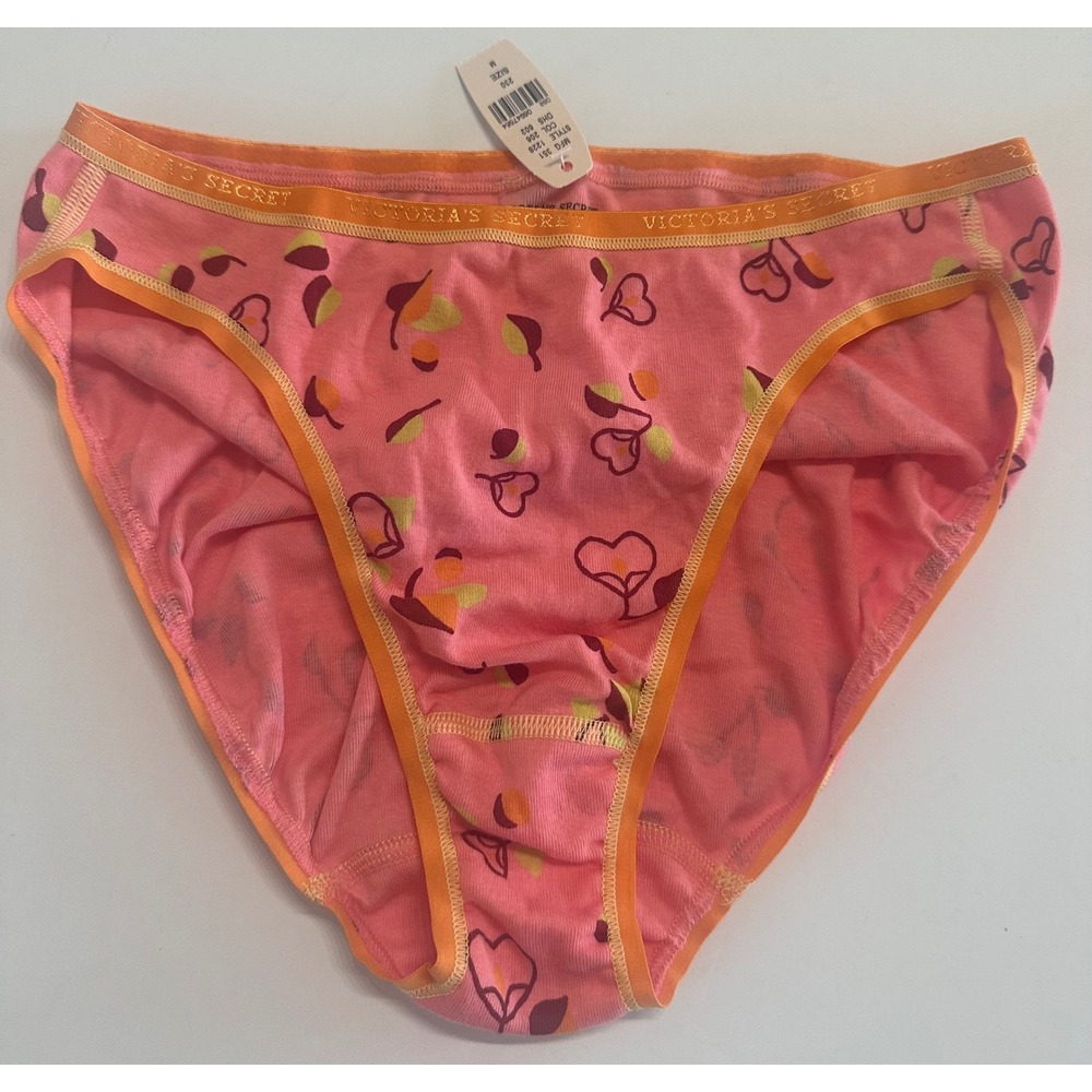 Victorias Secret Vintage Bikini Panty Pink Heart Leaf Print Orange Logo Waist M